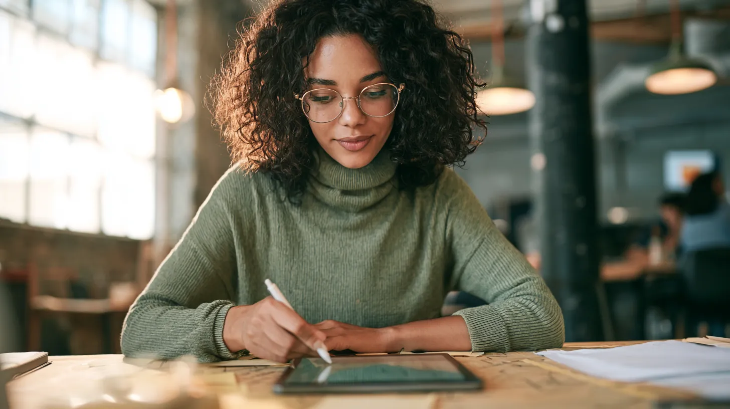 Young professional completing a personal loan application on a tablet at a co-working table
