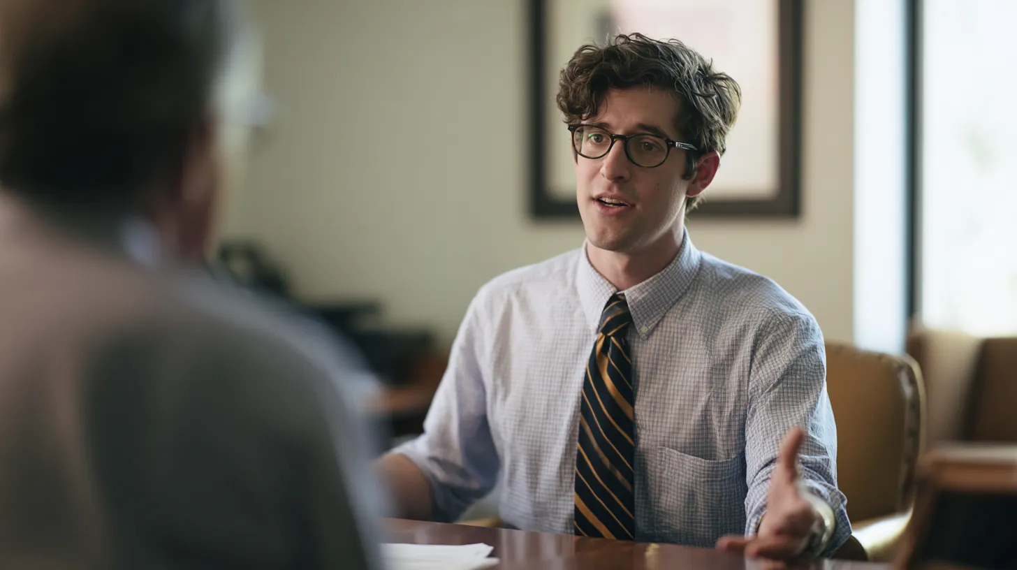 Determined man meeting with a financial counselor across an office desk