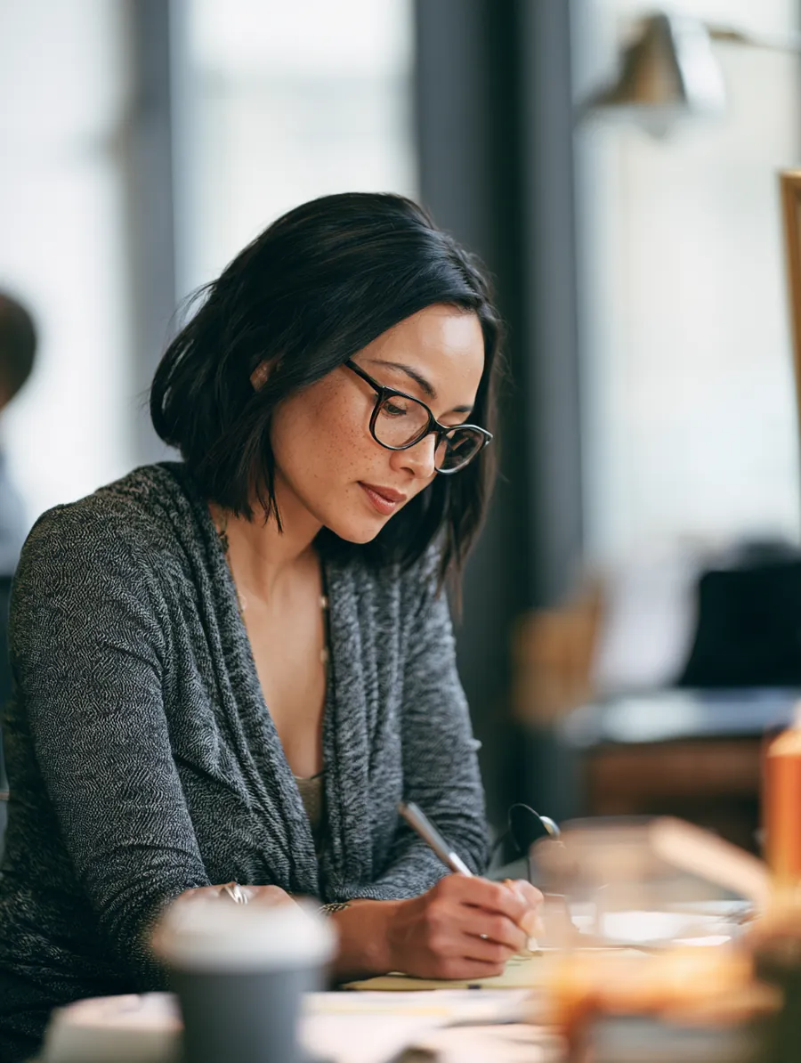 Borrower taking careful notes on paperwork at an office desk during a loan consultation