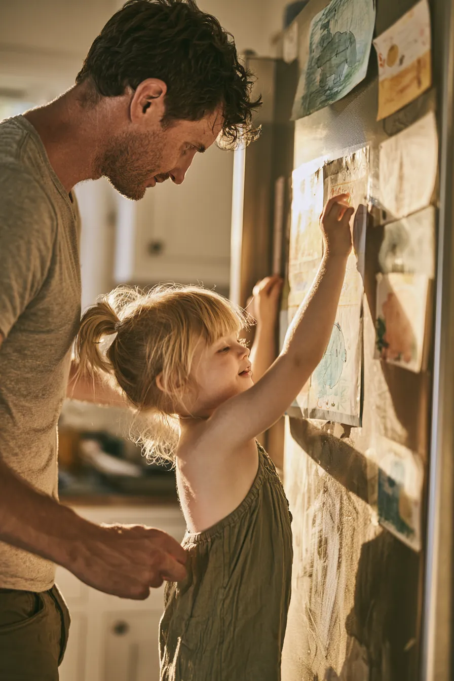 Father and daughter tracking a savings chart together at their kitchen table