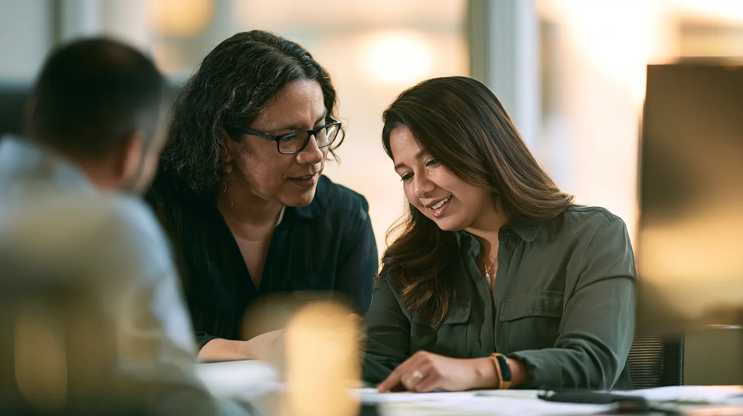 Loan officer reviewing eligibility paperwork with an applicant across a tidy office desk