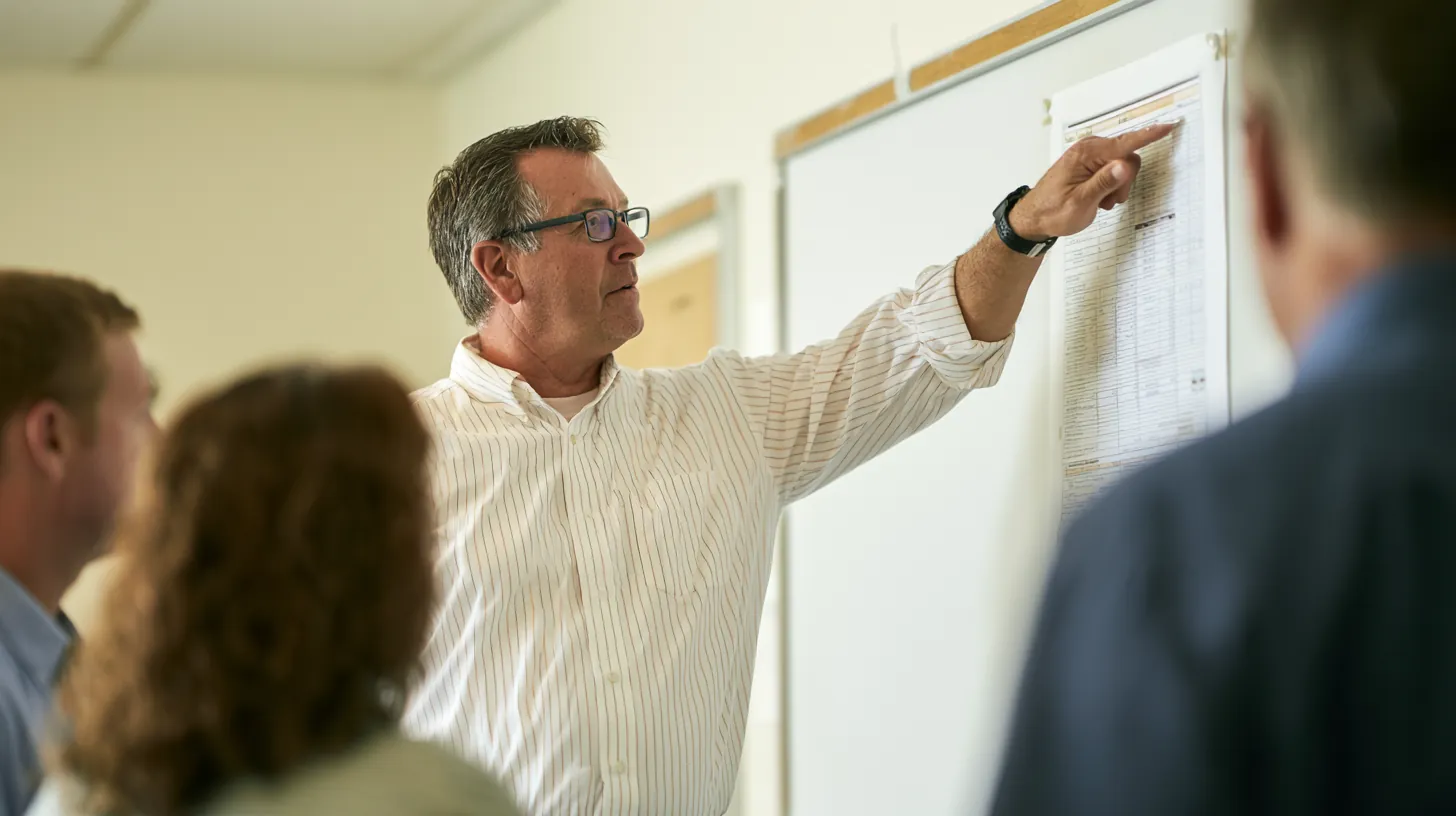 Finance educator sketching an interest rate chart on a whiteboard for a small class