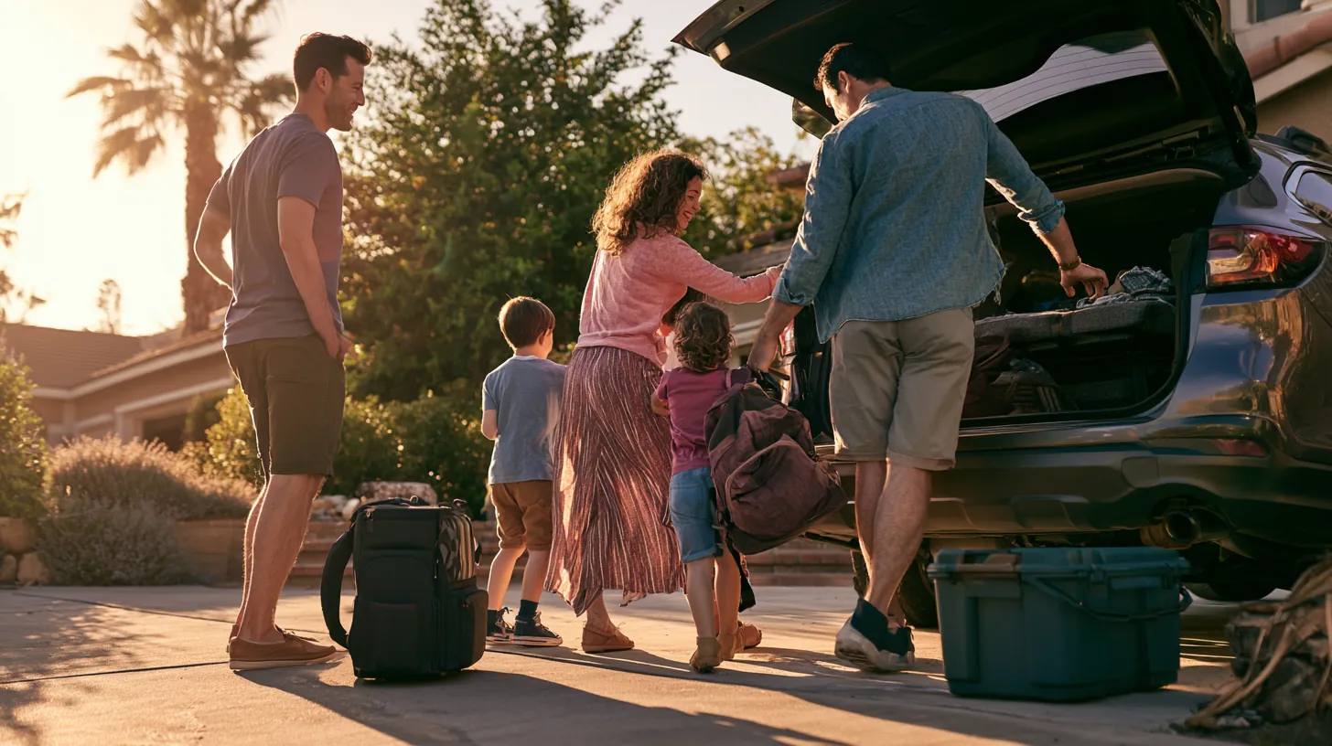 Family loading their vehicle in a suburban driveway on a working morning